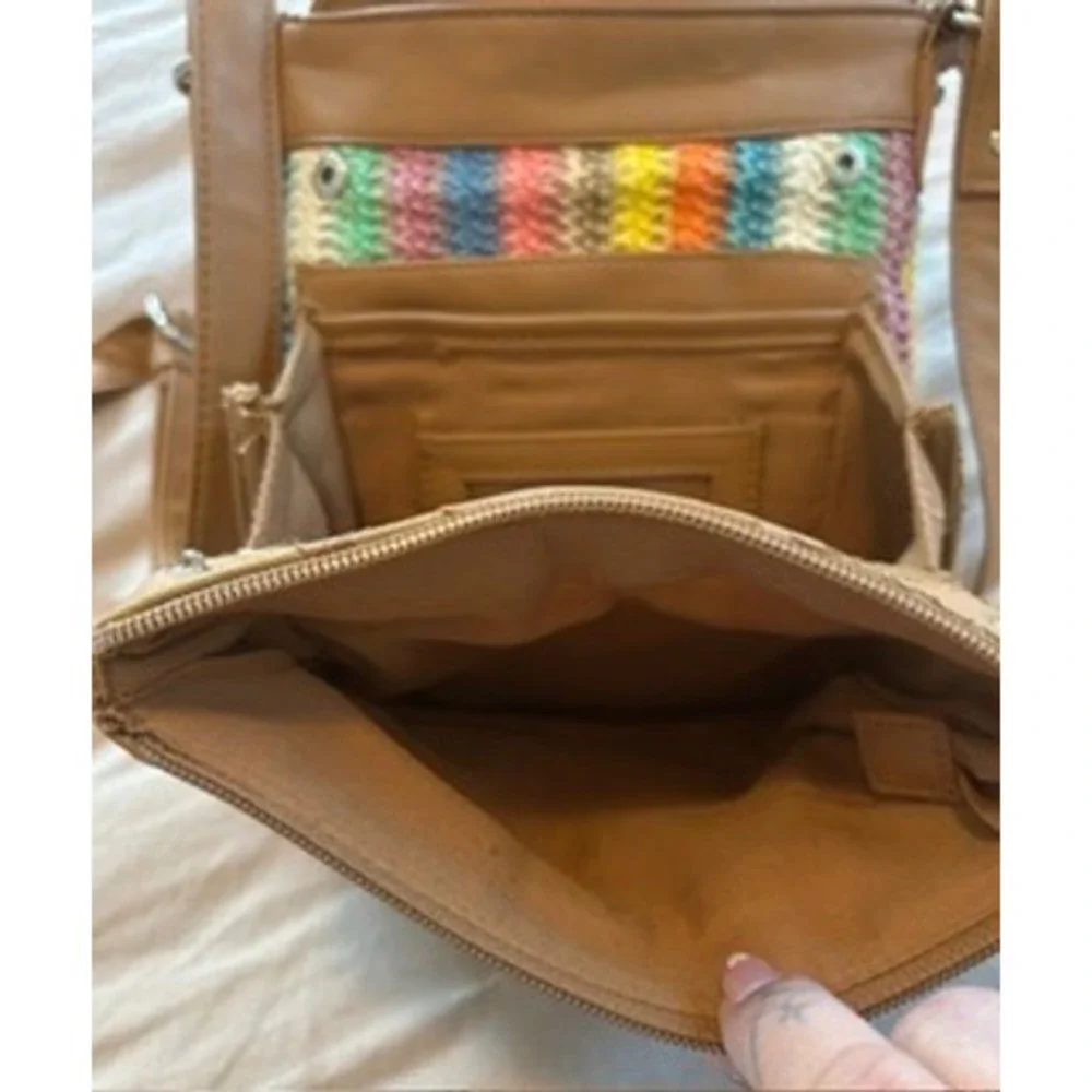 Rosetti Multi Color Striped Woven Crossbody Bag Tan Organizer Purse